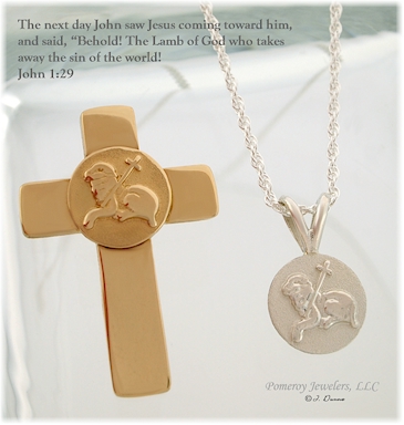 The Lamb of God cross or medallion in 14k gold or sterling silver.